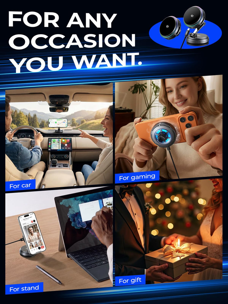 XO Qi2.2 Magnetic Car Mount Charger,25W Fast Charging with Cooling Fan and LED Light, 360° Rotatable Strong Hold Car Phone Mount with for Phone,Universal Fit for Most Vehicles, Easy Installation