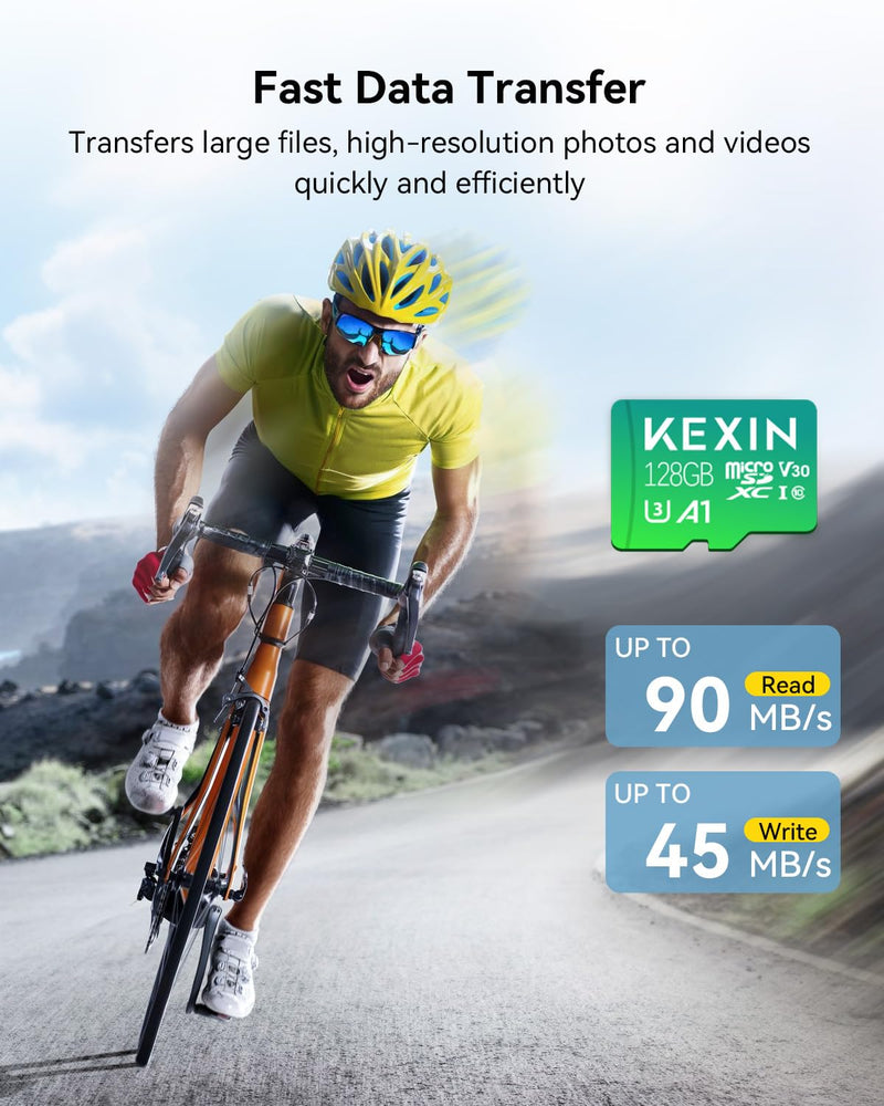 KEXIN 128GB Micro SD Card 3 Pack with Adapter - Up to 90MB/s 4K, V30, A1, C10, 4K UHD High Speed microSDXC UHS-I Memory Card Compatible with Action Camera Drone Game Smartphone Tablet 128G 3Pack