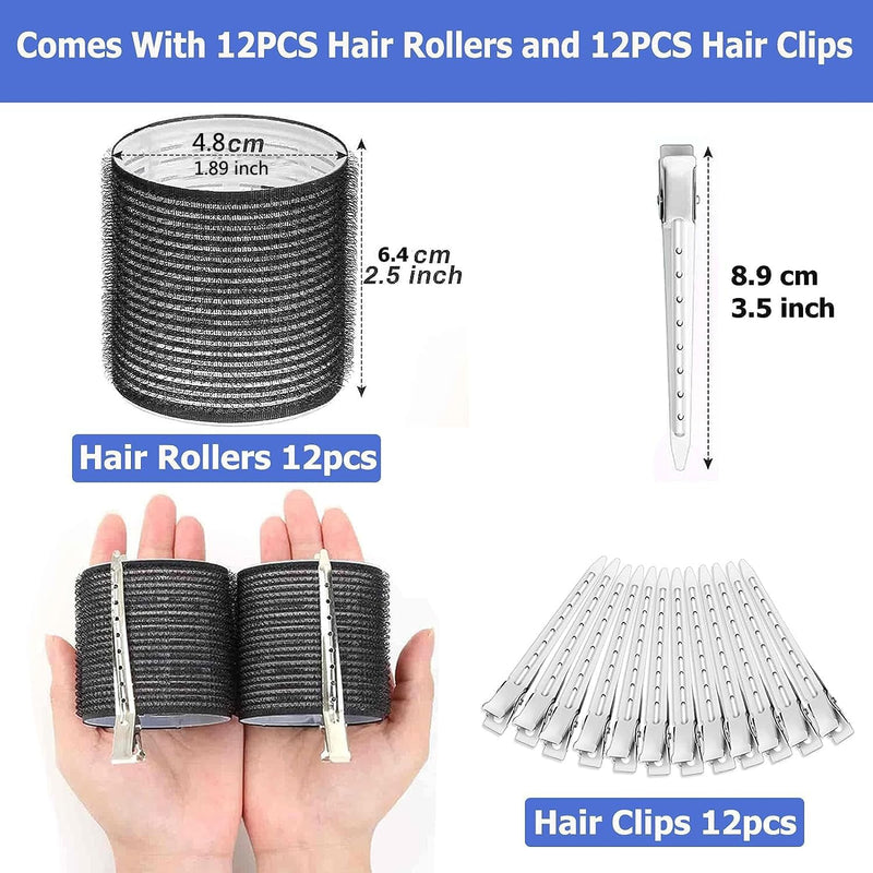 Hair Rollers Set 24 Pcs, Hair Curlers With 12 Pcs 48MM Self Grip Jumbo Hair Rollers & 12Pcs Duckbill Clip, Salon DIY Hairdressing Curlers Hair Curlers Rollers Tools for Long Medium Short Hair Black-48MM