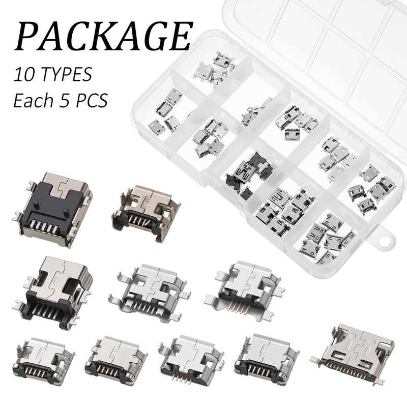 USB C Connector, 50Pcs 10 Models USB C Charger Port Replacement Female Socket Solder Receptacle Adapter for Mobile Phone & Other Product Repair