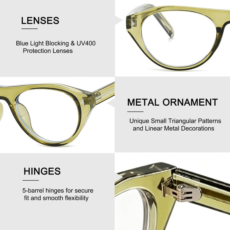 HJSTES Cateye Blue Light Glasses for Woman Men 2026 Trendy Oval Cat Eye Frame Bluelight Blocking for Computer/Reading/Selfie Green Blue Light Glasses