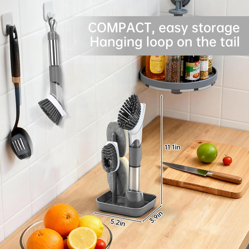 Soap Dispensing Scrub Brush - 4-in-1 Kitchen Cleaning Brush with Built-in Tank, Scraper Heads for Stubborn Grime on Pots Pans, Stand/Hang Storage-Grey 5 Gray