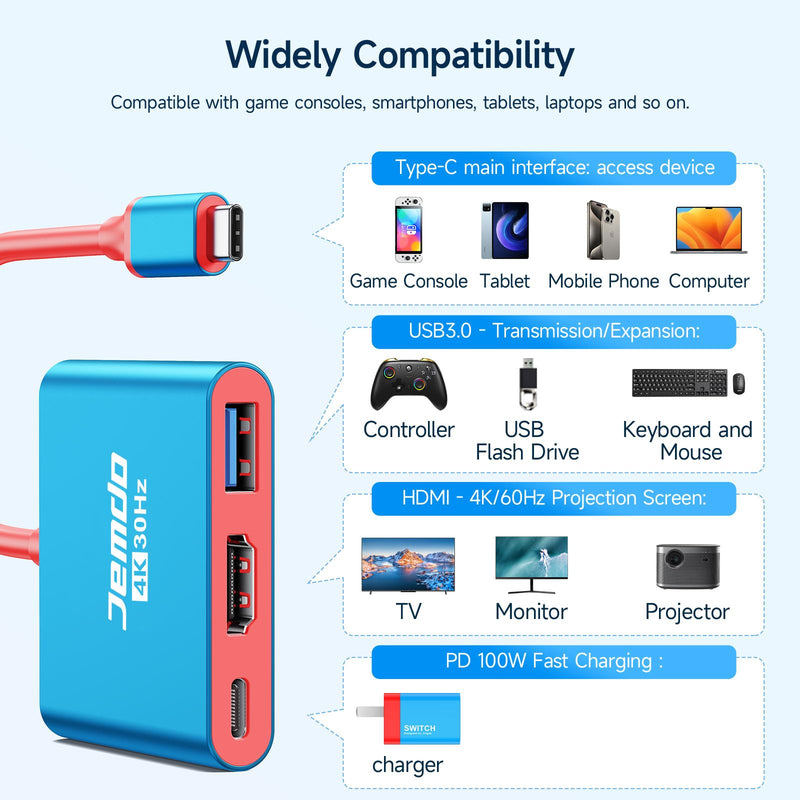 Portable Dock Adapter for Switch, Travel Docking Station for TV with 4K HD HDMI Output & PD Fast Charging & USB 3.0 Compatible with Switch/OLED, Steam Deck, MacBook Pro/Air, ROG Ally