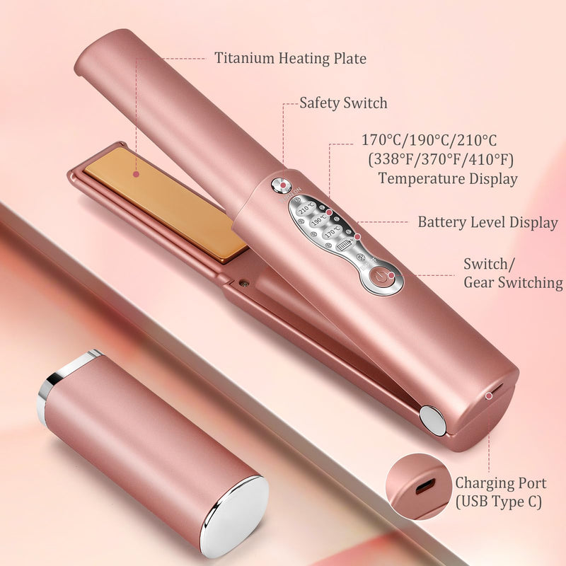 Cordless Titanium Hair Straightener and Curler w Cover, Portable USB Rechargeable Fast Heat Up Flat Iron Travel Size with 5V/5000mAh Battery, Anti-Scald 3-Level for Smooth, Swift and Glossy Hair(Pink Pink