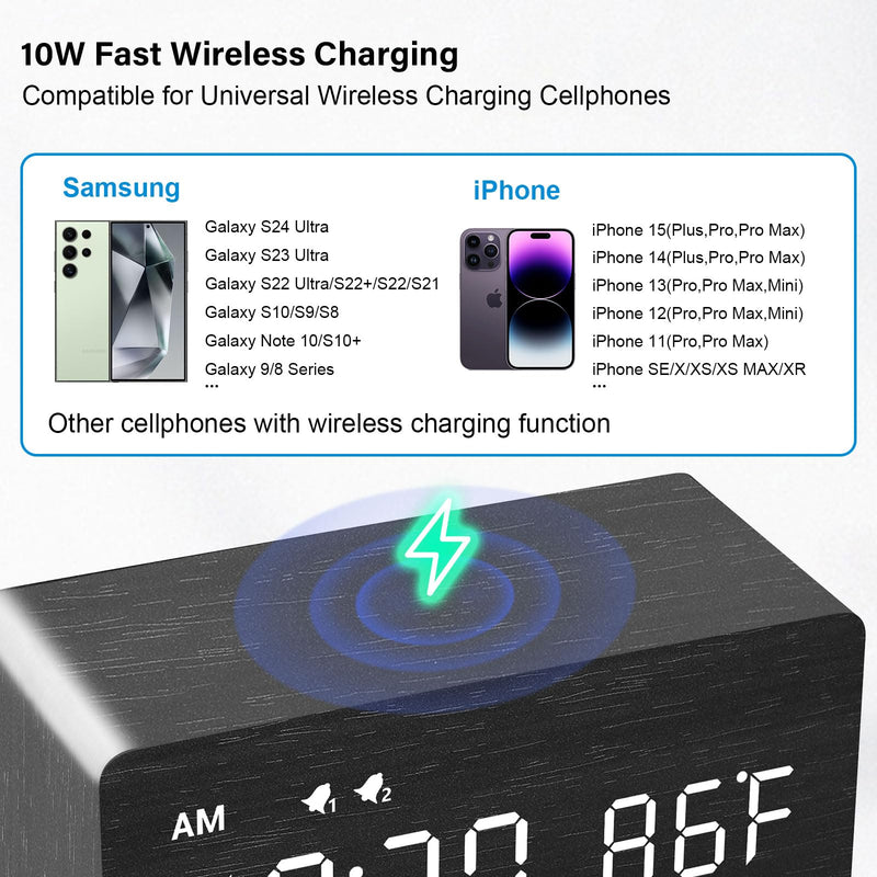 MOSITO Digital Wooden Alarm Clock with Wireless Charging, 0-100% Dimmer, Dual Alarm, Weekday/Weekend Mode, Snooze, Wood LED Clocks for Bedroom, Bedside, Desk, Kids (Black) Black