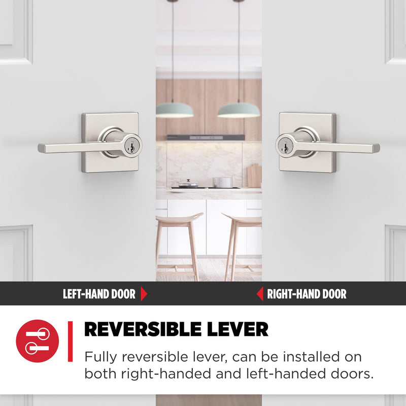 Kwikset Casey Entry Door Handle with Lock and Key, Secure Keyed Reversible Lever Exterior, For Front Entrance and Bedrooms, Satin Nickel , Pick Resistant Smartkey Rekey Security and Microban 1 Pack Keyed Entry