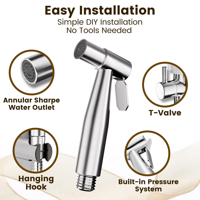 Handheld Bidet Sprayer for Toilet - Premium Adjustable Water Pressure Brushed Nickel Stainless Steel Jet Spray Kit, Bathroom Attachment for Feminine Wash, Baby Cloth Diaper Cleaning & Hygiene KPGFWY