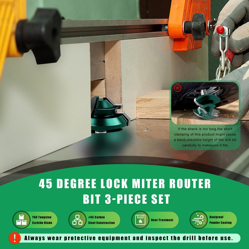 Knoweasy 45 Degree Lock Miter Router Bit Set with 1/4 Inch Shank, 3-Piece for Woodworking Projects, Includes 1/2, 5/8 and 3/4 Inch Cutting Heights, Precision Joinery Tool for Strong Miter Joints