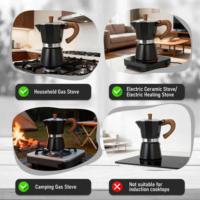 Moka Pot Espresso Coffee Maker, 300ml-6 Cups Espresso Maker, Easy To Use And Clean, Camping Home Use,Suitable For Mocca Puccino Coffee (Black) Black