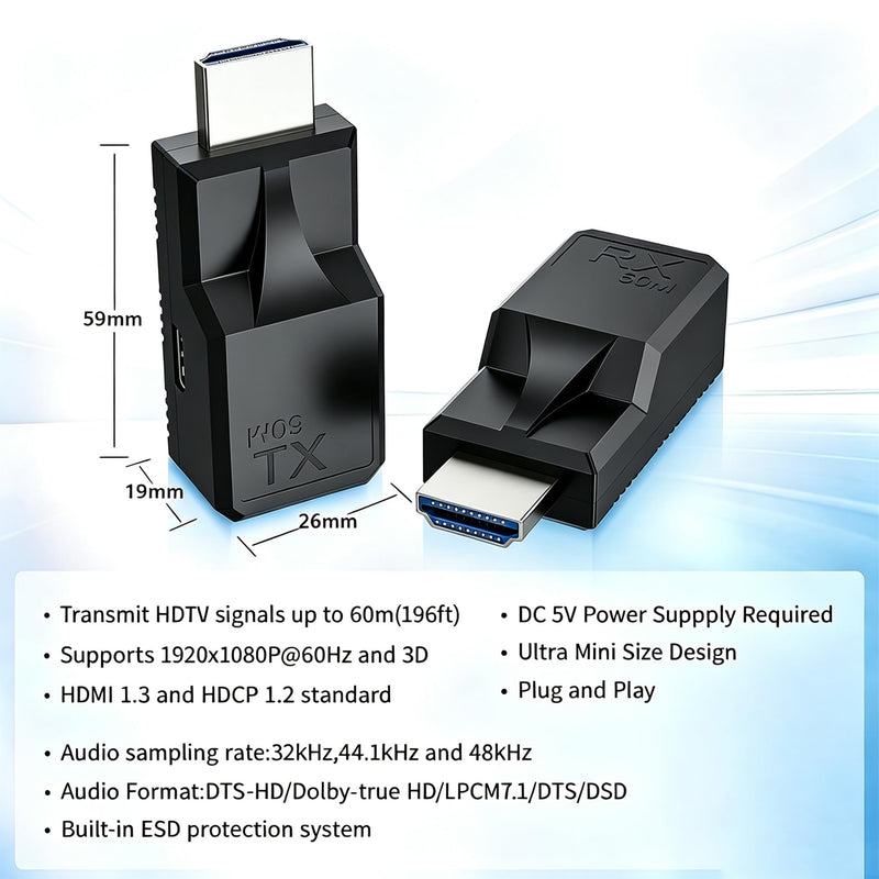 HDTV Extender Over Single Ethernet Cat5e/6 Cable,Support 196ft/60M HD audio and video 1080P@60H stable transmission,HDMI Male to Male RJ45 Network LAN Converter Repeater,for PC,PS3/4,Projector,Monitor