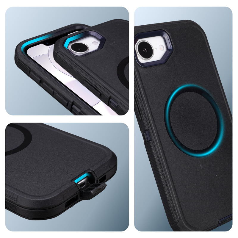 for iPhone 17e Case with Belt Clip Holster, Compatible with MagSafe, Black | Heavy Duty Rugged Defender Cover for iPhone 17e, 3-Layer Shockproof Anti-Drop Durable Works Outdoors Protective Case