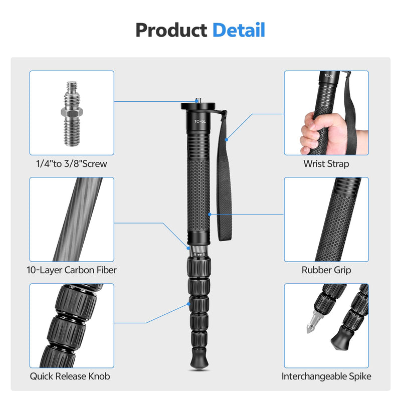 TONYBOO 61" Carbon Fiber Camera Monopod,28mm 6-Section Height,Portable Lightweight,Max Load 16 lbs,Travel Monopod for DSLR Mirrorless Cameras Camcorders Compatible with Canon Nikon Sony