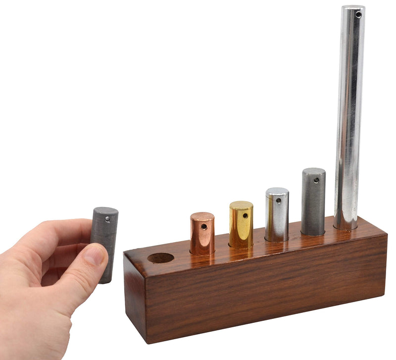 EISCO 6pc Equal Mass Metal Cylinders Set - Copper, Lead, Brass, Zinc, Iron & Aluminum - Includes Wooden Storage Block - for Specific Heat, Specific Gravity & Density Experimentation