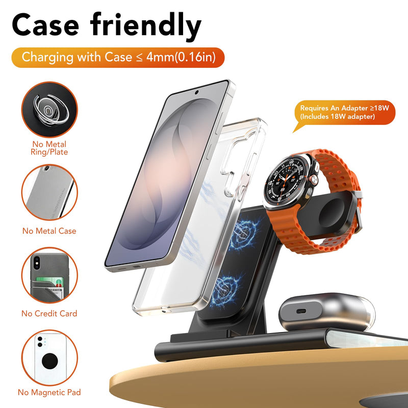 Wireless Charger for Samsung Charging Station, Foldable & Nightlight | 3 in 1 Charging Station for Samsung S26-S10/Note/Z Fold Flip8,Travel Charger for Galaxy Watch 8-1/Buds,Not for Watch 9/Ultra2 black