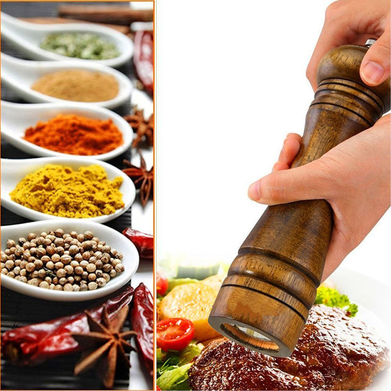 Wooden Pepper Mill Set Salt Black Pepper Grinder Kit Manual Mills Solid with Strong Adjustable Ceramic Grinders 2 Piece 8 Inches F 2 Retro + Black