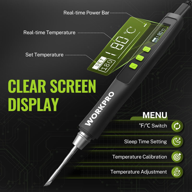 WORKPRO DC Soldering Iron Kit, Fast Heating Soldering Iron Pen with 3 Tips, Portable Lightweight Solder Iron for Electronics, Metal, DIY, Accurate Temp Control, OLED Screen Display, PD/QC Protocols