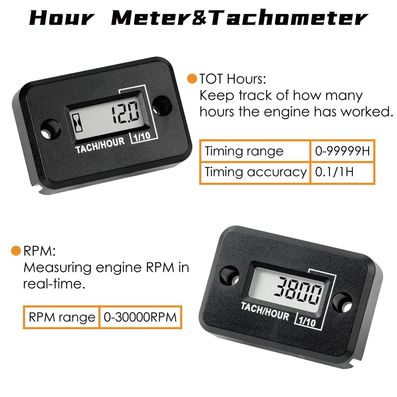 Nine-Rong Self-Powered Tach Hour Meter Digital LCD Inductive Tachometer Timing RPM Measuring Waterproof Design,for Gas Engine Lawn Mower Motorcycle Snowmobile Generator(2 Stroke)(Black) Black