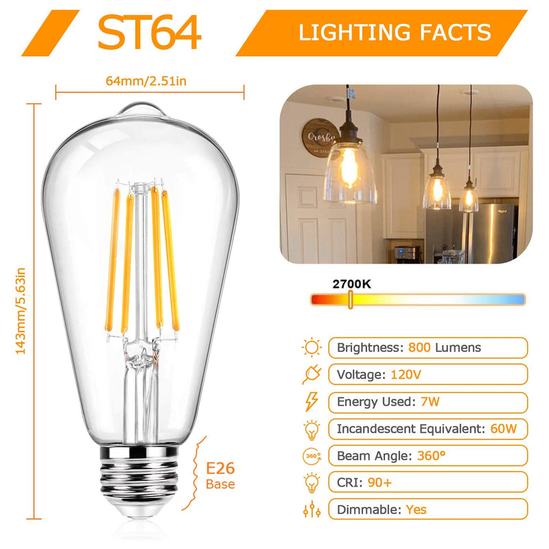 12Packs ST64 Large Vintage LED Edison Bulbs, 60W Equivalent 7W, 800Lumens, Dimmable Antique LED Filament, 2700K Warm White, E26 Medium Base Light Bulbs High Brightness Clear Glass for Bedroom Office Soft Warm White
