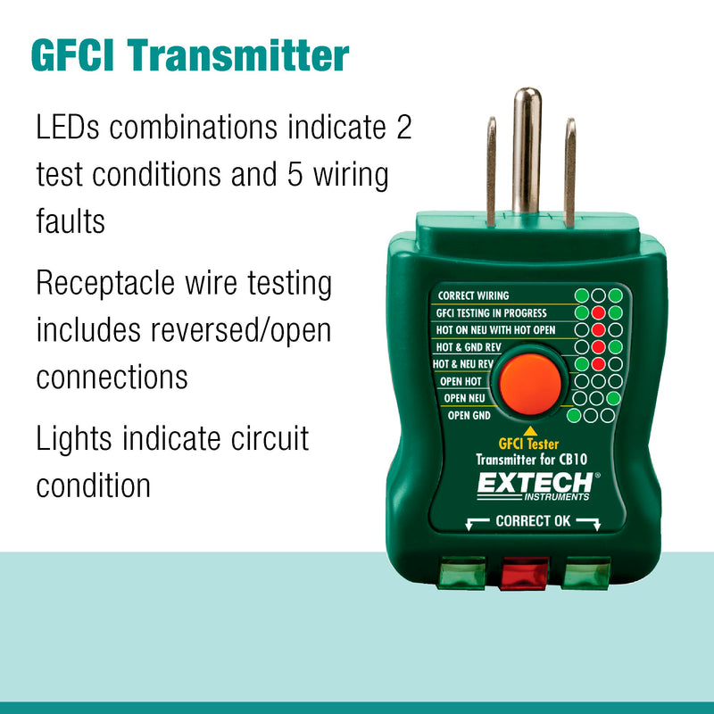 Extech CB10 AC Circuit Breaker Finder and Receptacle Tester - Professional Grade GFCI Outlet Tester for Home & Industrial Use - Pinpoint Breakers and Fuses - Includes 9V Battery and LED Indicators