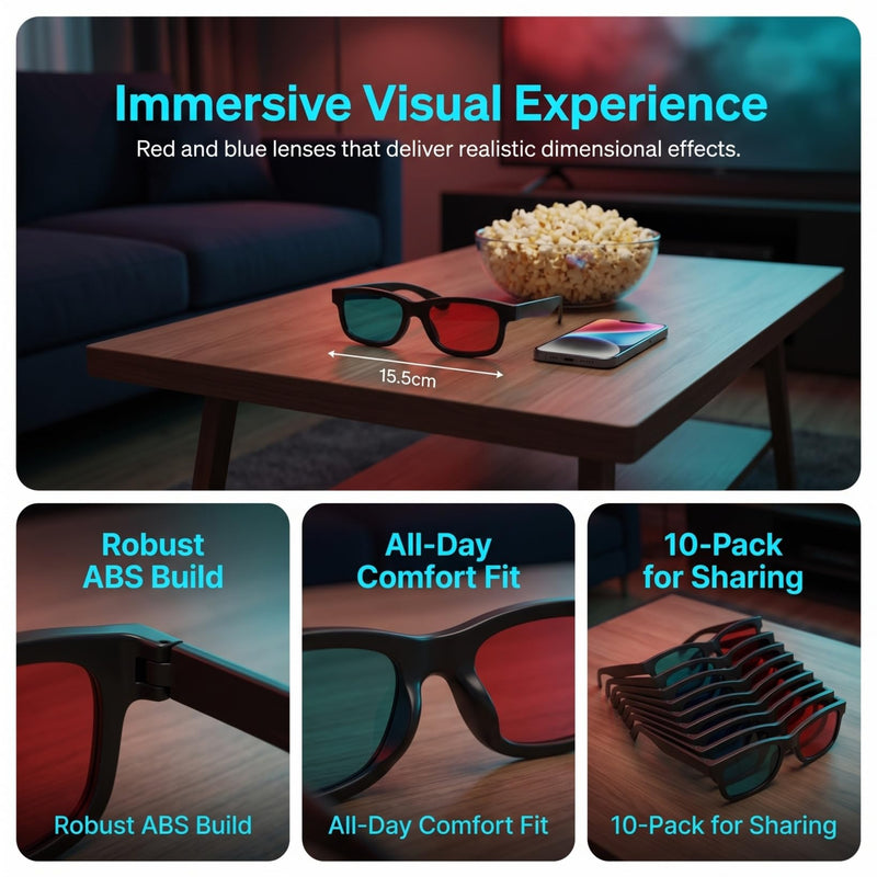 10 Pcs 3D Glasses Red Blue Lens, Lightweight ABS Frame Black Viewing Eyewear, Home Theater Computer Monitor Games