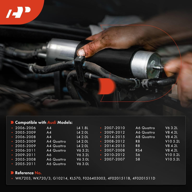 A-Premium Fuel Filter Compatible with Audi A4 2005-2007, A4 Quattro 2005 2007 2009, A6 2008-2011, A6 Quattro 2007-2009 2010, A8 Quattro 2009, R8 2009-2012, RS4, S6, S8, 1.8L 2.0L 3.2L 4.2L 5.2L