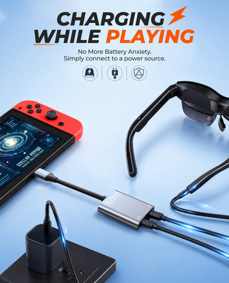 USB C to Glasses Charging Adapter, Charge & Play AR Glasses Adapter – 100W PD Charging & 4K@60Hz Output for Switch (Not Switch 2)/Steam Deck/PS5/Mac/iPhone/Laptop/Viture/Rokid/Xreal/RayNeo AR Glasses
