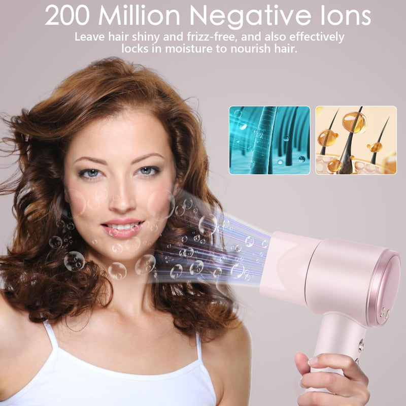 Hair Dryer 200 Million Negative Ionic Hairdryer,3 Speed 4 Heat Setting,110, 000 RPM High Speed Brushless Motor Blow Dryer，with Magnetic Nozzle，51dB Low Noise Travel Hairdryers for Women and Men (Pink) Pink