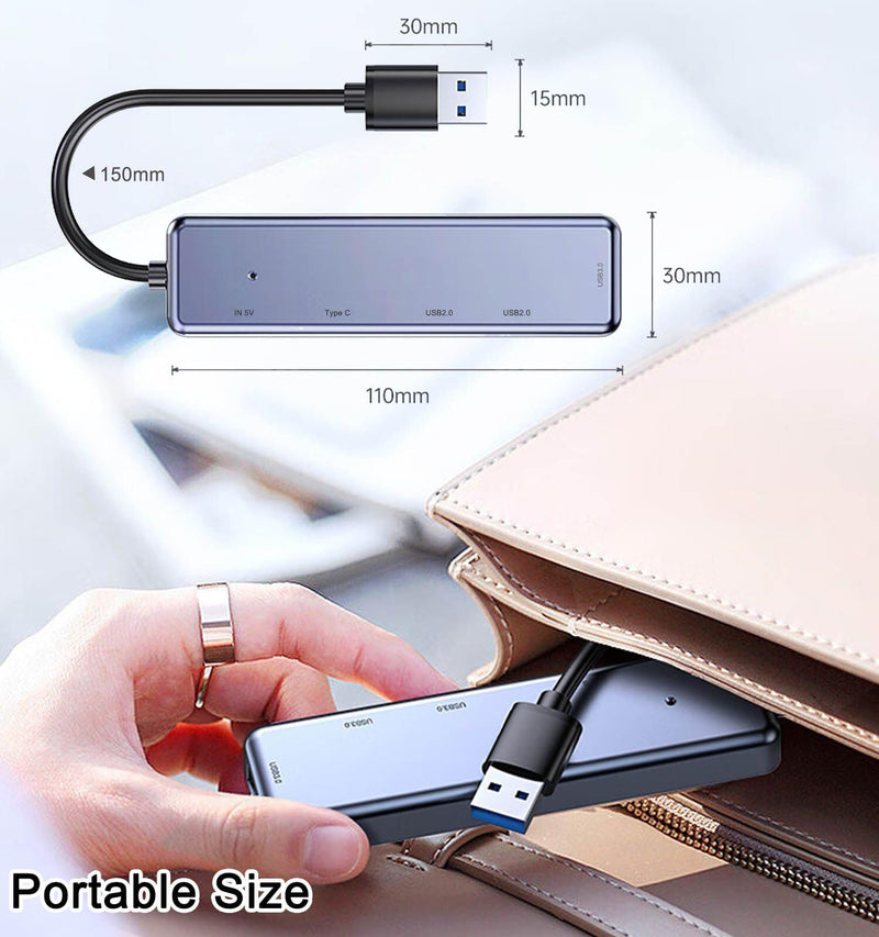 USB 3.0 Hub 5 in 1, USB Splitter with USB-C Power Port, USB-C Data Port, USB Port Hub USB Extender for MacBook, Laptop, Surface Pro, PS4, PC, Flash Drive, Mobile HDD USB 3.0 Hub Silver