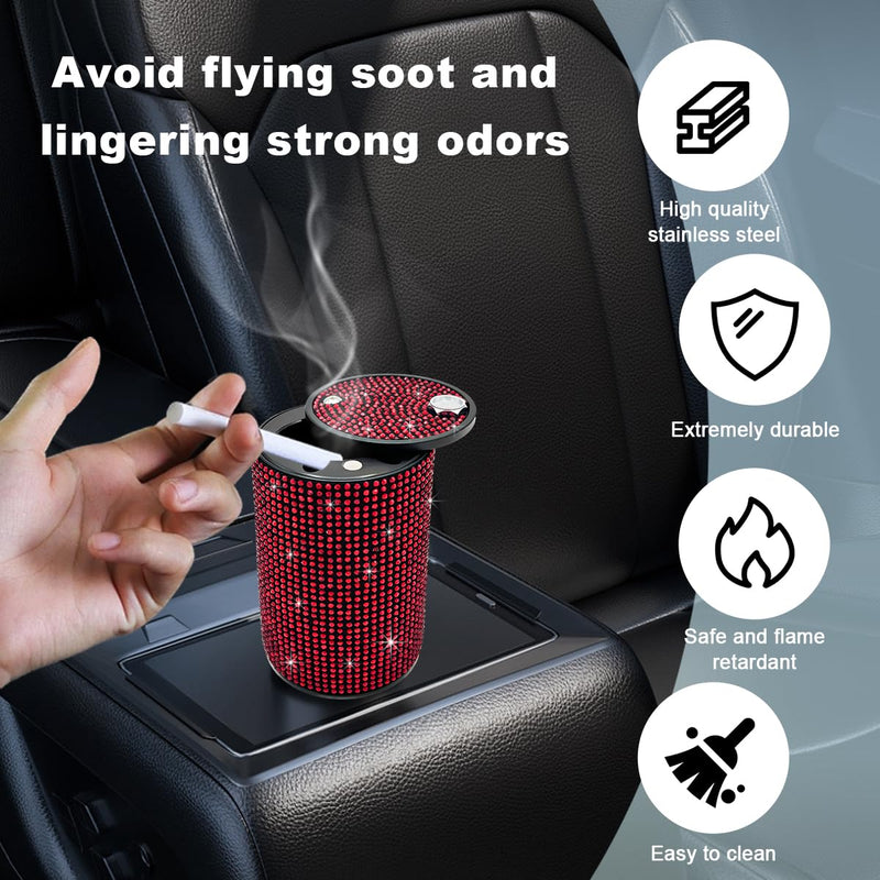 Car Cigarette Ashtray with Lid, Stainless Steel Bling Crystal Diamond Smokeless Fireproof Vehicle Ashtray Holder, Portable Sparkling Ashtray Cup Holder for Car Home Office (Red) Red