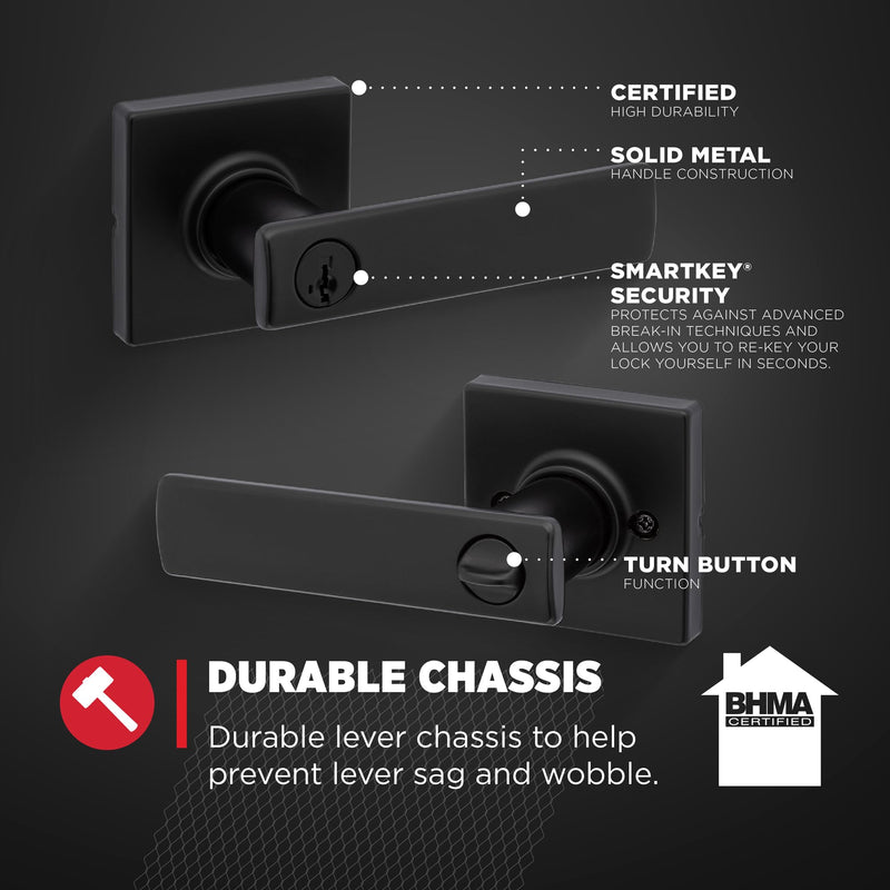 Kwikset Breton Entry Door Handle with Lock and Key, Secure Keyed Reversible Lever Exterior, For Front Entrance and Bedrooms, Matte Black , Pick Resistant Smartkey Rekey Security and Microban 1 Pack Keyed Entry
