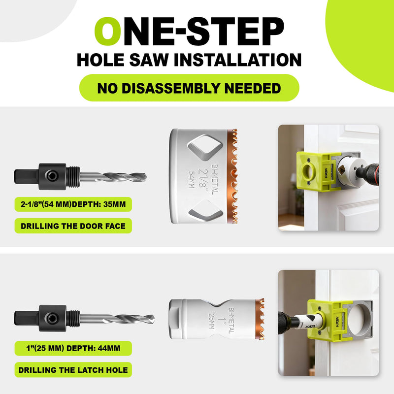 KATA Door Lock Installation Kit for Metal & Wood Doors, 1-3/8" to 1-3/4" Bi-Metal Hole Saw with Adjustable Guide Template, Installing Deadbolt and Knob, Extra Drill Bit & Screwdriver Bit Inclued Green/Grey