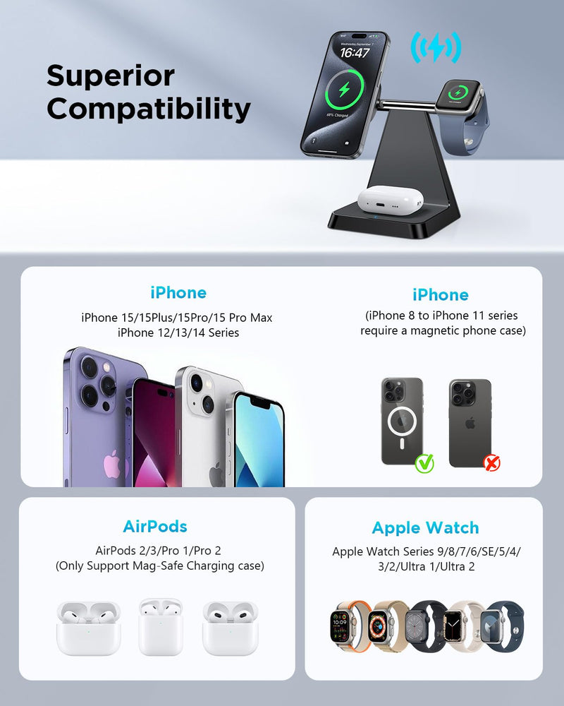 Charging Station for Multiple Devices Apple: Woruda 3 in 1 Magnetic Wireless Charger Stand for Mag Safe iPhone - Nightstand Charging Dock for iPhone 15 14 13 12 Pro Max Plus Apple Watch Airpods Black