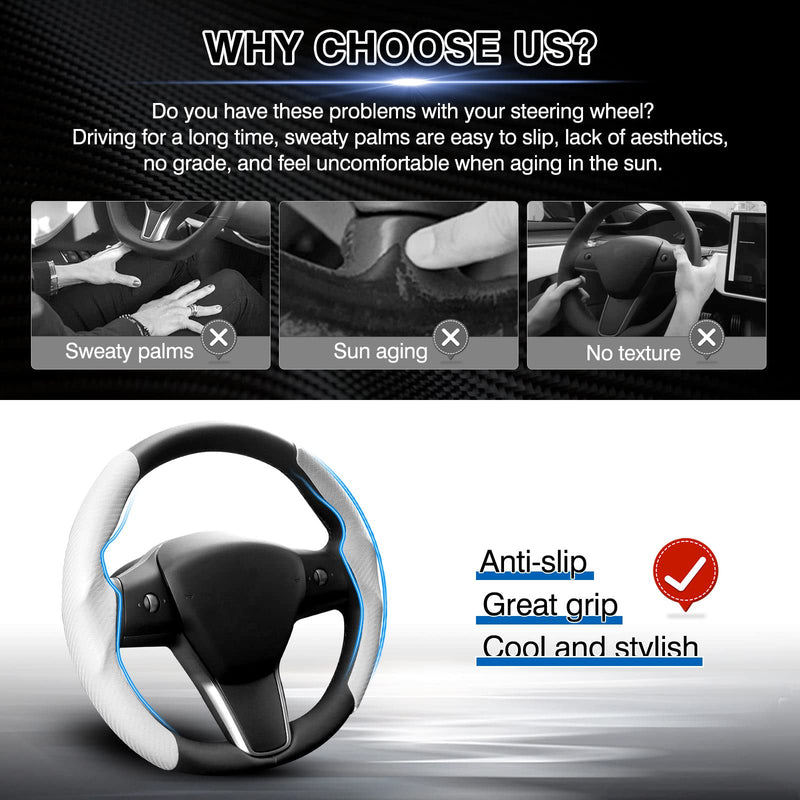 Custom-Fit Steering Wheel Cover for Tesla, Telsa Model 3 / Y Carbon Fiber Steering Wheel Cover for Men/Women, Anti-Slip, Comfortable Grip, Breathable, Model 3 / Y Accessories (White) White