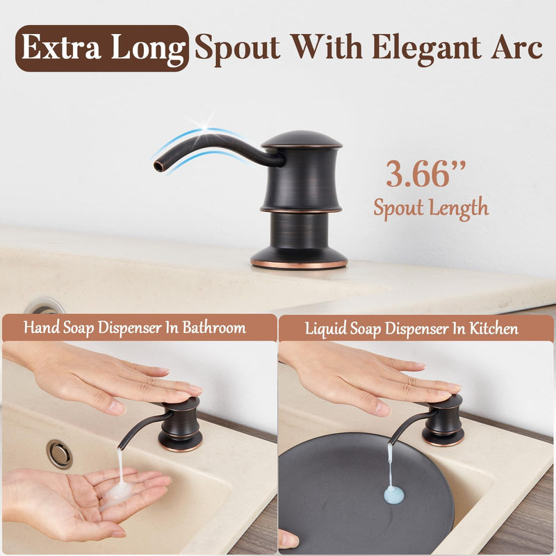Built in Soap Dispenser for Kitchen Sink Countertop, Solid Brass Pump Head Long Spout with 10.2 Ounce PET Food Safe Material Lotion Bottle, Oil Rubber Bronze Finish Orb