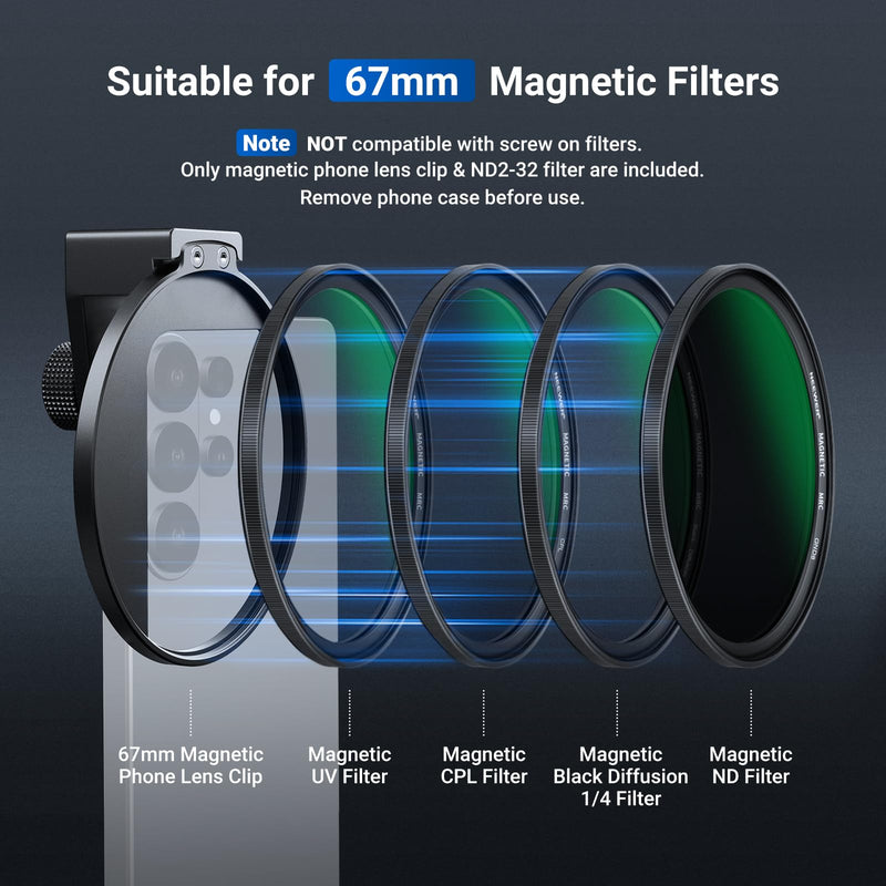 NEEWER 67mm Variable ND Filter & Magnetic Phone Clip Set, Adjustable ND2-32 HD Neutral Density Mobile Photography Accessories, Compatible with iPhone 17 Pro Max Samsung S26 Ultra