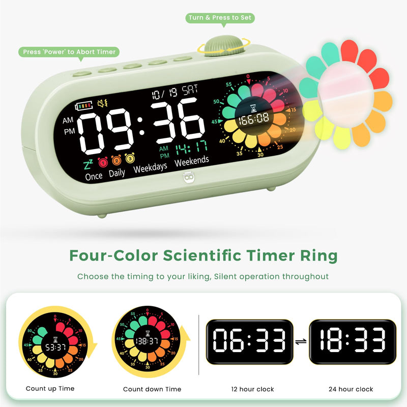 Mooking Digital Alarm Clock for Bedroom, Visual Timer for Kids, 199 Minute Rechargeable Digital Clock with Timers for Home School Supplies Study Teaching Time Timer Management Tool Countdown Timers Green