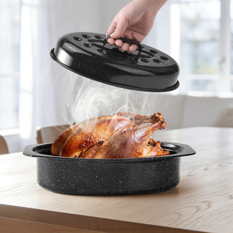 13" Roasting Pans for Ovens Porcelain Enameled Steel Oval Roaster Pan with Domed Lid for Small Turkey, Chicken, Vegetable, Lamb, Sourdough Bread Black-13 Inch