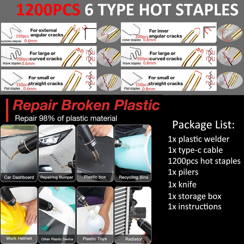200W Cordless Plastic Welder, Plastic Welding Kit with 1200PCS Hot Stapler, USB Rechargeable Plastic Welder Gun with 5000mAh Battery, Plastic Weld Bumper Repair Kit for Most Plastic Repair Black