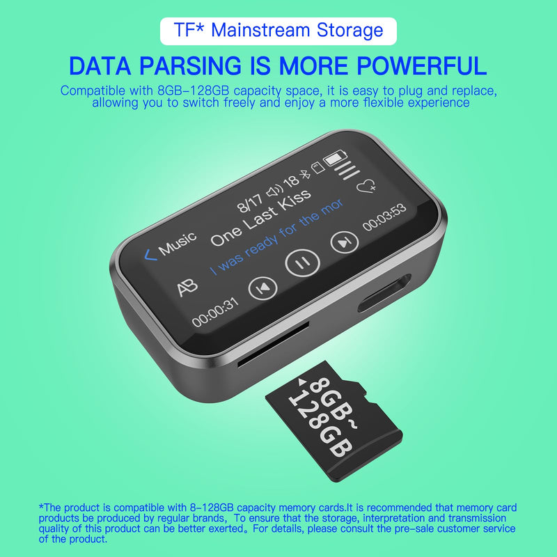 MP3 Player with Bluetooth, Portable Digital Lossless 8GB Music Player with Built-in Speaker, 1.47 in Full Touch Screen, Digital Voice Recorder, FM Radio, Mini Back Clip Design Free Wired Headphones Silver