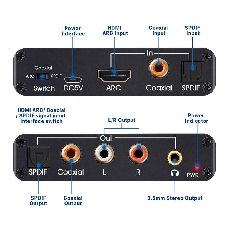 HDMI ARC Audio Extractor 192KHz Digital to Analog Audio Converter HDMI ARC Input SPDIF Optical to 3.5mm RCA Converter Optical Coaxial Stereo Adapter with 3 Mode Switch HDMI ARC Adapter 1