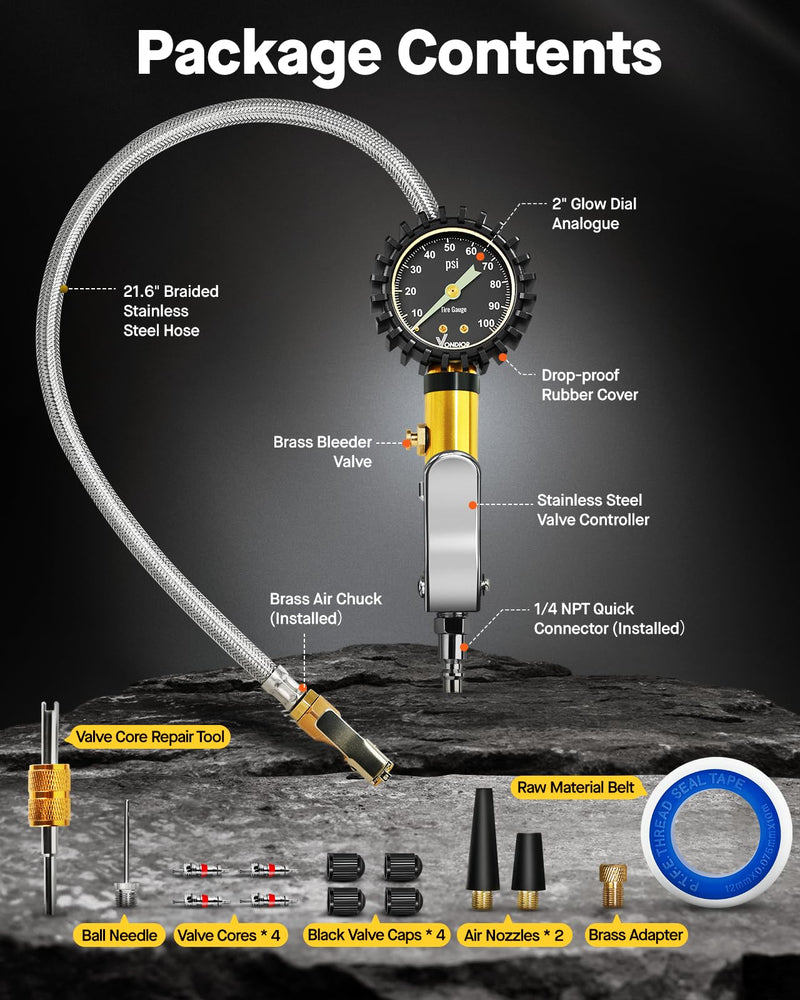 Vondior Tire Inflator with Pressure Gauge(0-100 PSI) - ANSI B40.1 Accurate, Large 2" Glow Dial, Premium Braided Hose, Durable Rubber Hose, Perfect for Any Car, Truck, Motorcycle, RV Analog 0-100 PSI