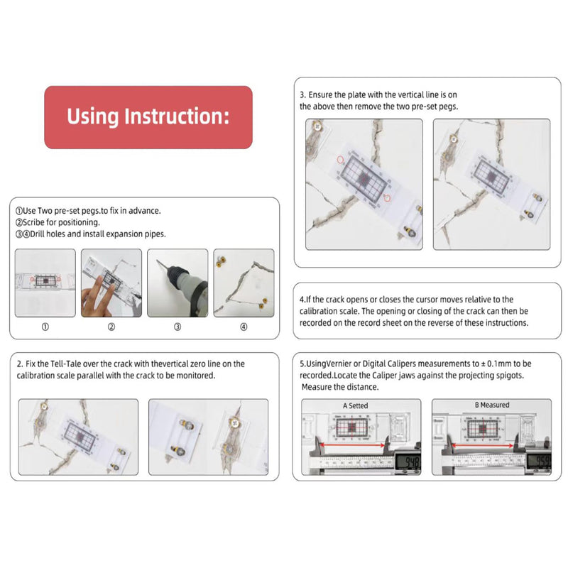 Crack Gauge Monitor， Crack Monitor with Updated Two Fixed adapter | Crack Measure and Record Instrument for Monitoring Wall Deformation and Crack (Pack of 3) 3PCS
