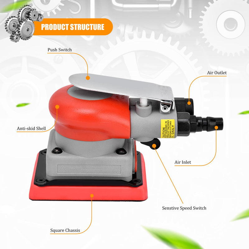 BTER Air Orbital Sander, 10000rpm 75x100mm Square Pneumatic Palm Sander, Sanding/Grinding/Polishing Professional Alloy Steel Pneumatic Sander for Wood, Composites, Metal, Car Beauty