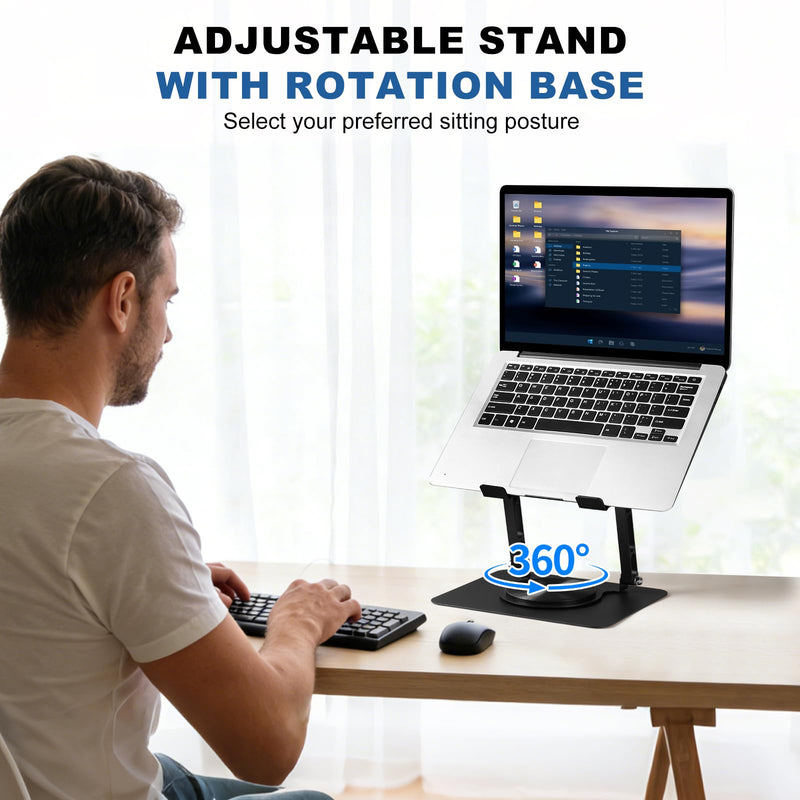 Laptop Cooling Stand with 2 Detachable Fans, 360° Rotating Adjustable Laptop Stand, Carbon Steel Ergonomic Laptop Riser, Anti-Slip Base for 10-17.3" Notebook MacBook, Office Home Gaming Black