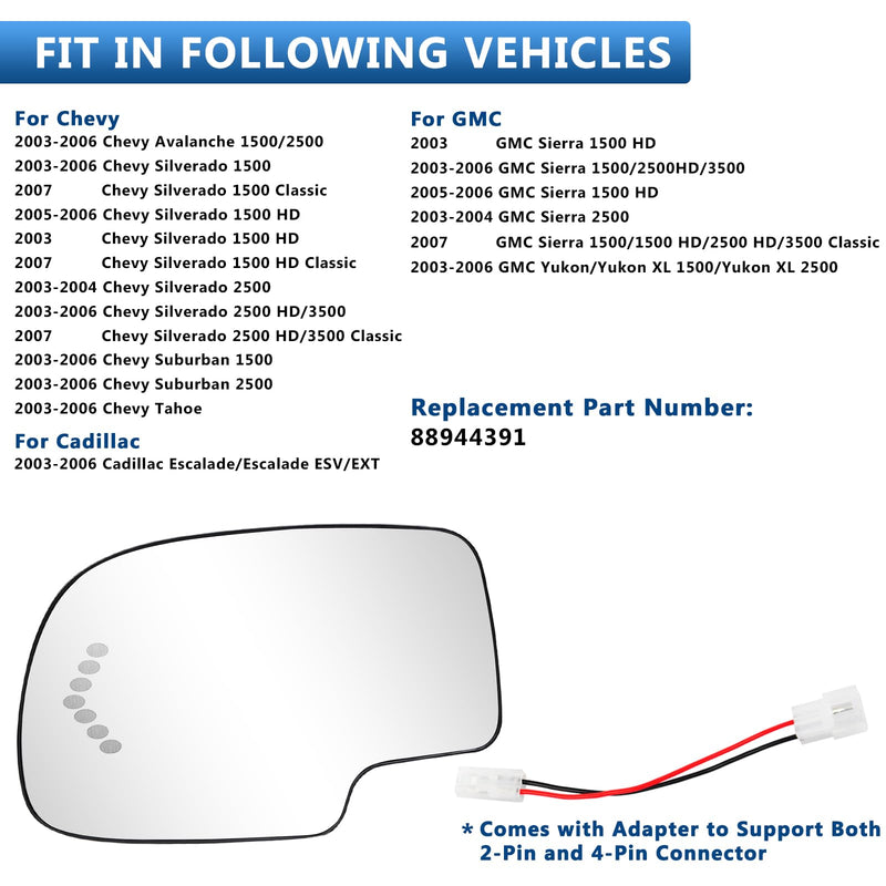 TOP-MAX Driver Side Mirror Glass Replacement for 2003-2006 Chevy Silverado GMC Sierra Tahoe Yukon Suburban Avalanche Cadillac Escalade, Heated Exterior Left Mirror with Turn Signal