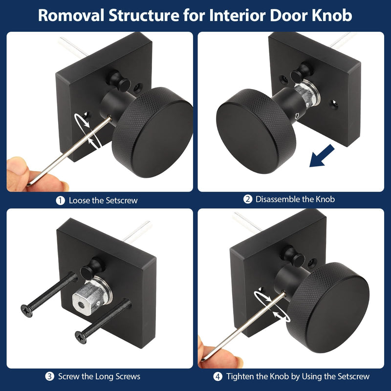 Orger Matte Black Privacy Door Knobs Interior, Zinc Alloy Keyless Black Door Knobs with Lock for Bedroom and Bathroom, Knurled Heavy Duty Square Base Modern Doorknobs, 1 Pack