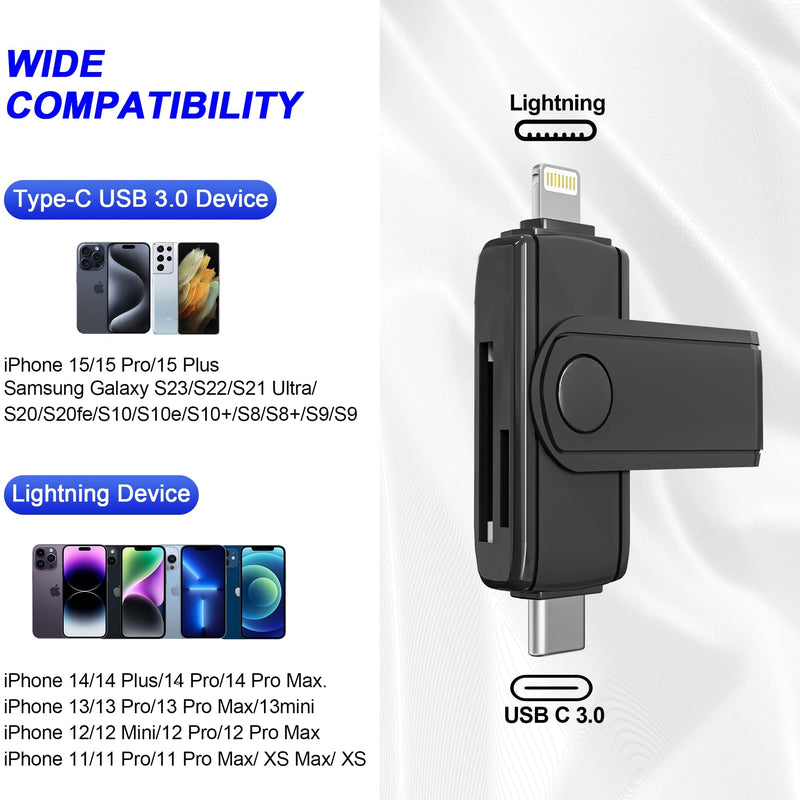USB C Lightning SD Card Reader for iPhone 15 iPad Mac - 2 in 1 Micro SD/SD Card Adapter(Read two cards simultaneously), Portable Digital Camera Adapter Memory Card Reader, Plug and Play