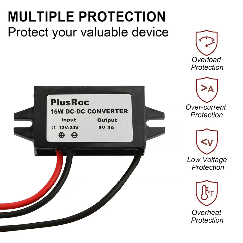 PlusRoc Waterproof 12V/24V to 5V Converter DC-DC Step Down Module Power Adapter Compatible with Raspberry Pi 4, Cellphone, Car (USB Type-C Connector) USB Type-C Connector