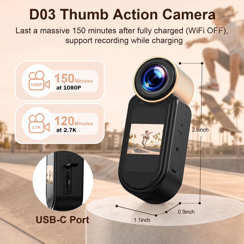 1080P Thumb Action Camera, WiFi Mini Body Hands-Free POV Camera Camcorder | Wearable Portable Recording, with Magnetic Pendant, for Security, Guard, Cycling, Travel, Pet Walking, Vlogging-Black Black