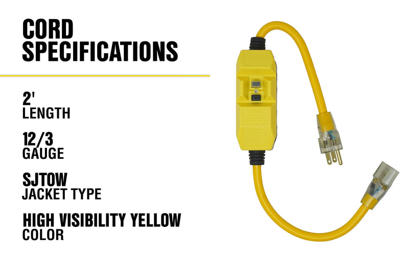 Southwire Yellow Jacket Heavy Duty Extension Cord with In-Line GFCI - 2 Ft - 12 Gauge - 3 Conductor - 15 AMP - Lighted End - 1 Outlet - SJTW - Yellow - 2817